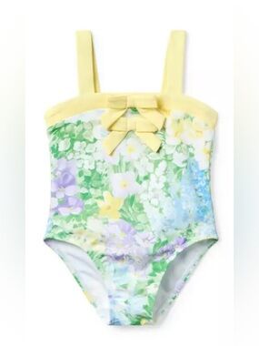 Janie and Jack Floral One-Piece Swimsuit with Yellow Bow